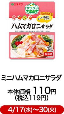 ミニハムマカロニサラダ 本体価格 110円（税込119円）4/17(水)〜30(火)