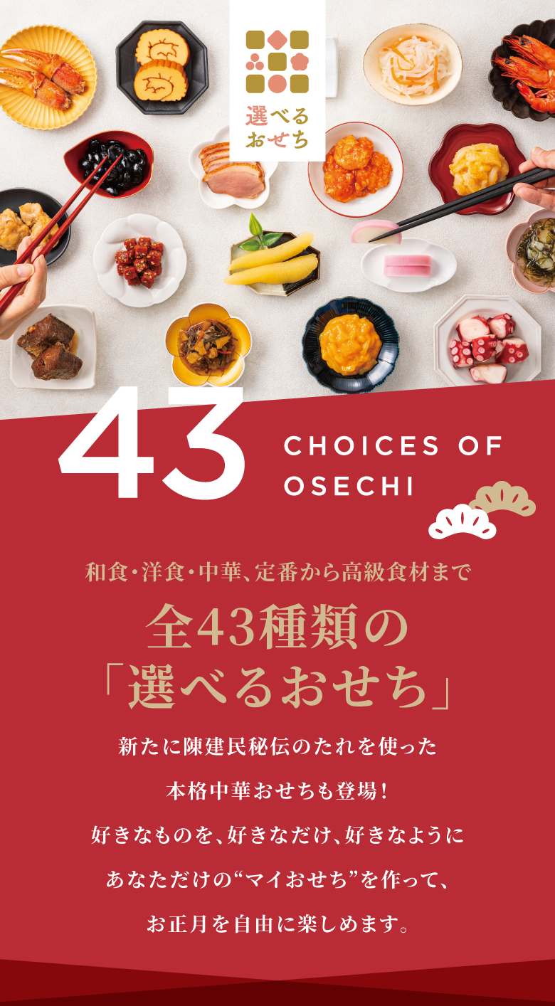 和食・洋食・中華、定番から高級食材まで 全43種類の「選べるおせち」 新たに陳建民秘伝のたれを使った本格中華おせちも登場！好きなものを、好きなだけ、好きなようにあなただけの“マイおせち”を作って、お正月を自由に楽しめます。