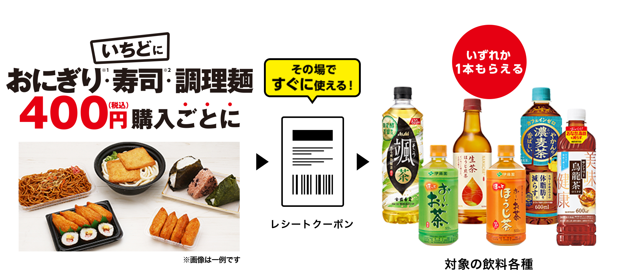 いちどにおにぎり※1・寿司※2・調理麺 400円(税込)購入ごとに その場ですぐに使える! レシートクーポン いずれか1本もらえる 対象の飲料各種